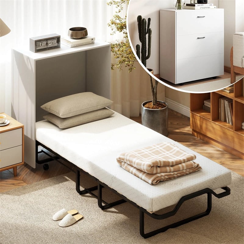 Cot Size Murphy Cabinet Bed with Mattress, 2-in-1 Folding Rollaway Guest Bed into Storage Cabinet with Lockable Wheels for Home Office