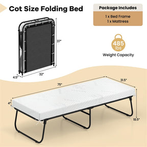 Cot Size Rollaway Guest Bed with Memory Foam Mattress, 75"x31" Portable Folding Bed with Heavy-Duty Metal Frame for Home Office Small Spaces