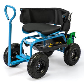Cushioned Rolling Garden Cart Workseat Yard Wagon Scooter with Storage Basket & Extendable Steering Handle