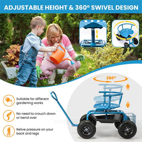 Cushioned Rolling Garden Cart Workseat Yard Wagon Scooter with Storage Basket & Extendable Steering Handle