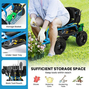 Cushioned Rolling Garden Cart Workseat Yard Wagon Scooter with Storage Basket & Extendable Steering Handle