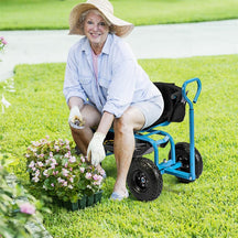 Cushioned Rolling Garden Cart Workseat Yard Wagon Scooter with Storage Basket & Extendable Steering Handle