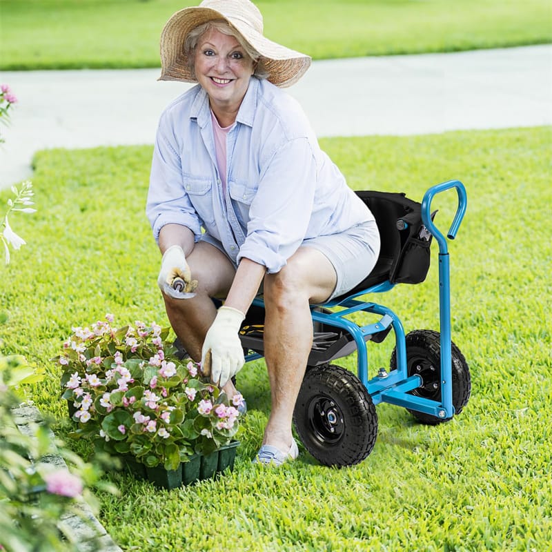 Cushioned Rolling Garden Cart Workseat Yard Wagon Scooter with Storage Basket & Extendable Steering Handle