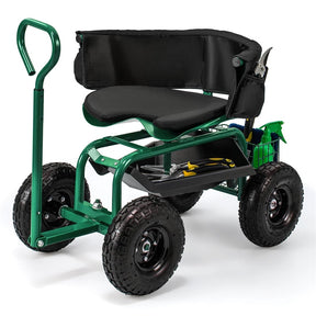 Cushioned Rolling Garden Cart Workseat Yard Wagon Scooter with Storage Basket & Extendable Steering Handle