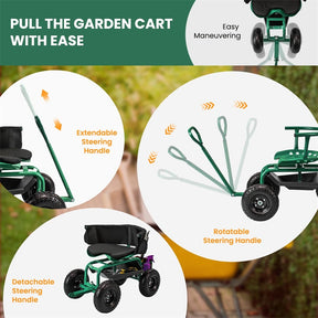 Cushioned Rolling Garden Cart Workseat Yard Wagon Scooter with Storage Basket & Extendable Steering Handle