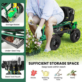 Cushioned Rolling Garden Cart Workseat Yard Wagon Scooter with Storage Basket & Extendable Steering Handle