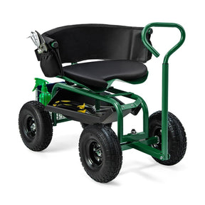 Cushioned Rolling Garden Cart Workseat Yard Wagon Scooter with Storage Basket & Extendable Steering Handle