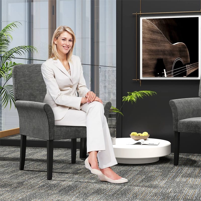Fabric Upholstered Executive Guest Chair, Waiting Room Reception Chair with Padded Arms & Solid Rubber Wood Legs for Office Meeting Rooms