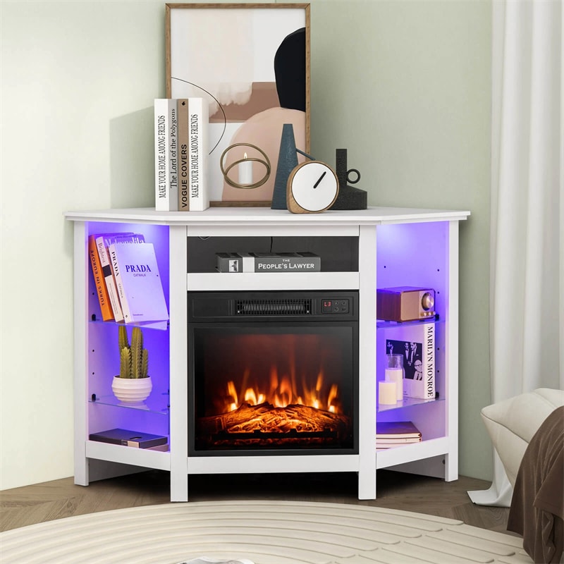 Modern Corner Fireplace TV Stand with LED Lights for TVs up to 50", Entertainment Center with Electric Fireplace & APP Control