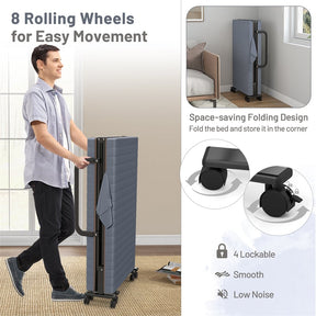 Folding Rollaway Bed with Mattress & Wheels for Adults, Portable Foldable Guest Bed with Adjustable 6 Position & Side Storage Pocket