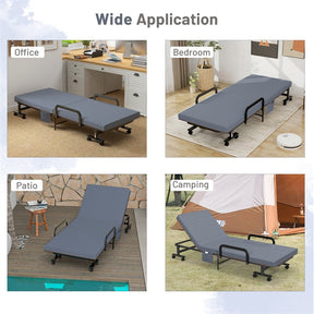 Folding Rollaway Bed with Mattress & Wheels for Adults, Portable Foldable Guest Bed with Adjustable 6 Position & Side Storage Pocket