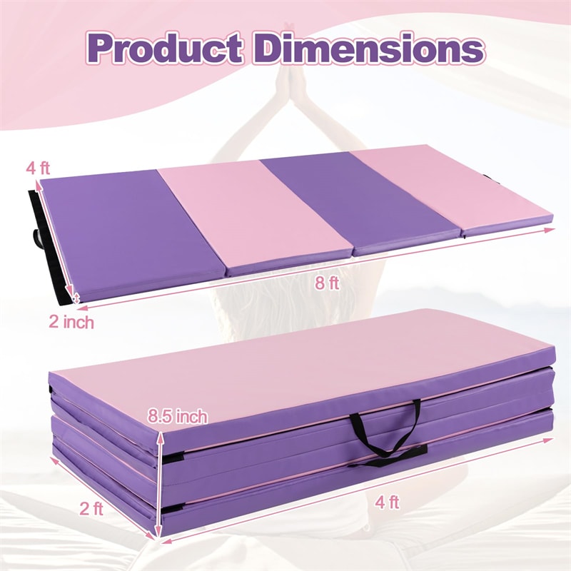 8' x 4' Anti-Tear Folding Gymnastics Mat for Yoga Fitness, 2" Thick 4-Panel Exercise Tumbling Mat with Carrying Handles