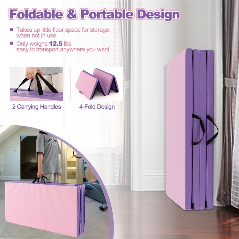 8' x 4' Anti-Tear Folding Gymnastics Mat for Yoga Fitness, 2" Thick 4-Panel Exercise Tumbling Mat with Carrying Handles