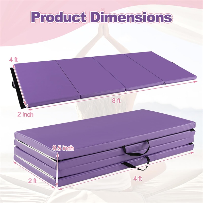 8' x 4' Anti-Tear Folding Gymnastics Mat for Yoga Fitness, 2" Thick 4-Panel Exercise Tumbling Mat with Carrying Handles