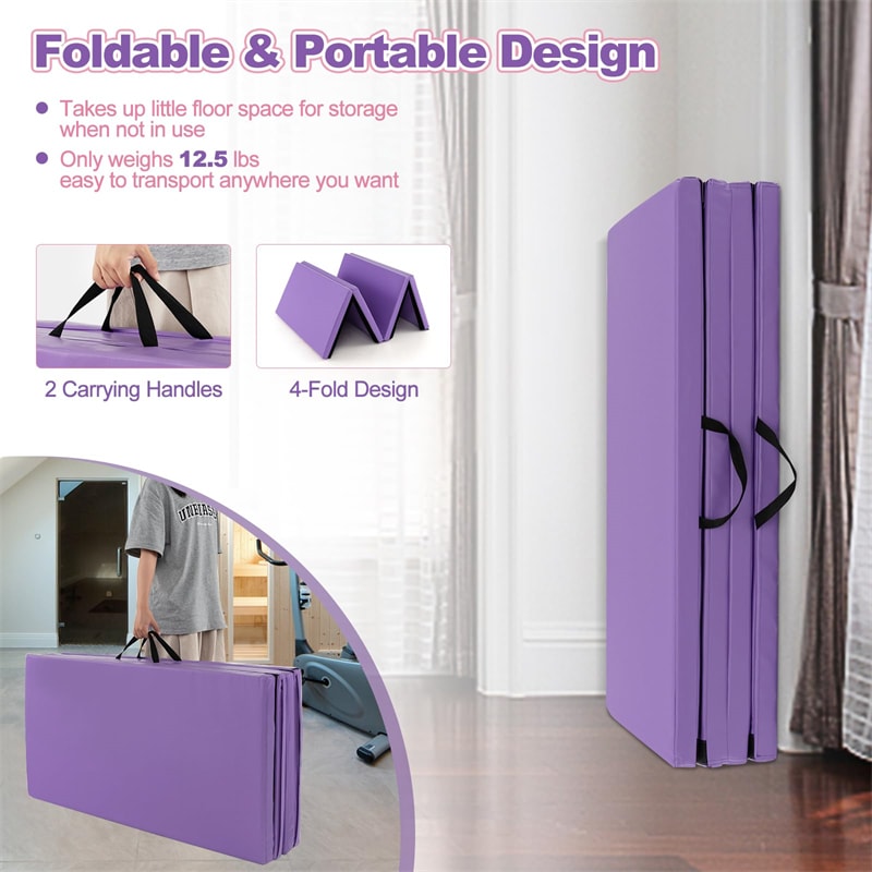 8' x 4' Anti-Tear Folding Gymnastics Mat for Yoga Fitness, 2" Thick 4-Panel Exercise Tumbling Mat with Carrying Handles