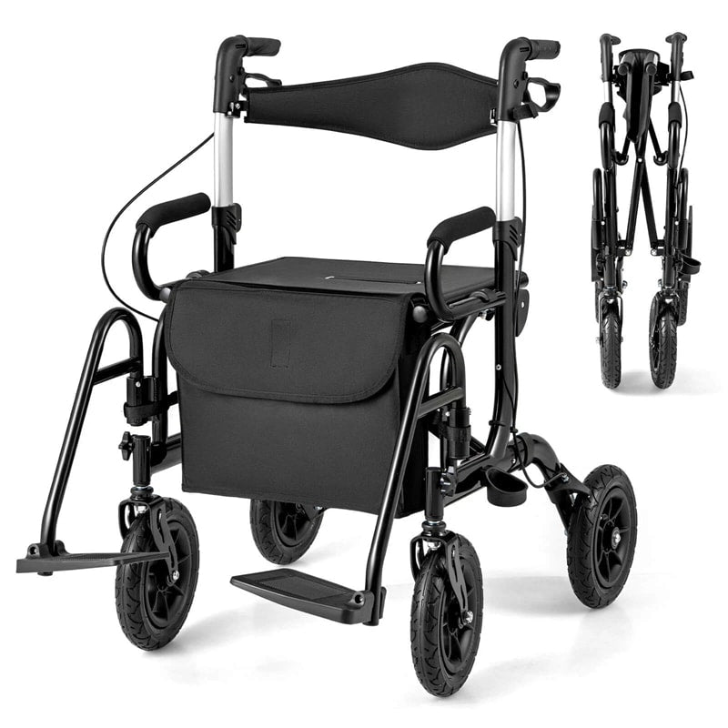 2-in-1 Folding Rollator Walker with Seat, Armrests & 9" All-Terrain Pneumatic Tires, Rolling Walker Wheelchair Combo for Seniors 300LB Capacity