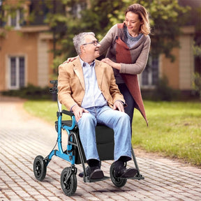 2-in-1 Folding Rollator Walker with Seat, Armrests & 9" All-Terrain Pneumatic Tires, Rolling Walker Wheelchair Combo for Seniors 300LB Capacity
