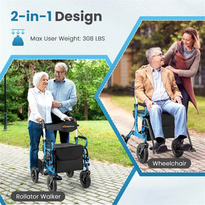 2-in-1 Folding Rollator Walker with Seat, Armrests & 9" All-Terrain Pneumatic Tires, Rolling Walker Wheelchair Combo for Seniors 300LB Capacity