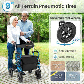 2-in-1 Folding Rollator Walker with Seat, Armrests & 9" All-Terrain Pneumatic Tires, Rolling Walker Wheelchair Combo for Seniors 300LB Capacity