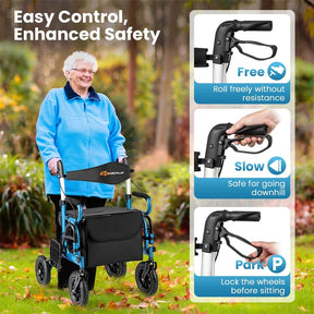2-in-1 Folding Rollator Walker with Seat, Armrests & 9" All-Terrain Pneumatic Tires, Rolling Walker Wheelchair Combo for Seniors 300LB Capacity