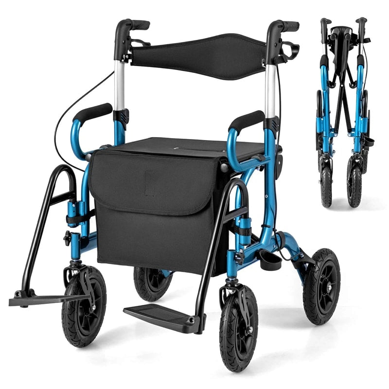 2-in-1 Folding Rollator Walker with Seat, Armrests & 9" All-Terrain Pneumatic Tires, Rolling Walker Wheelchair Combo for Seniors 300LB Capacity