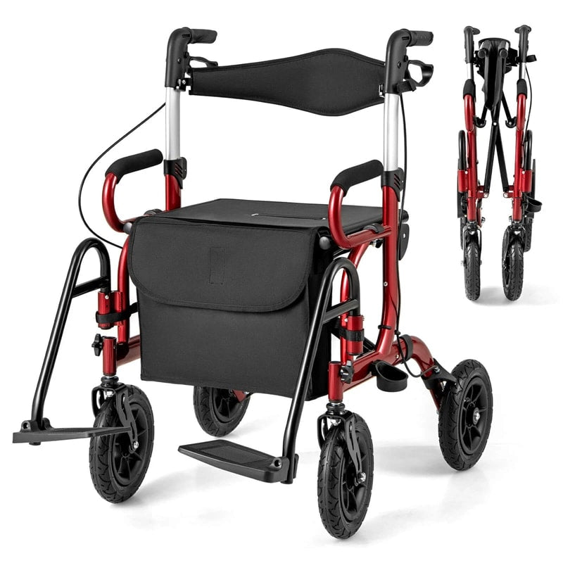 2-in-1 Folding Rollator Walker with Seat, Armrests & 9" All-Terrain Pneumatic Tires, Rolling Walker Wheelchair Combo for Seniors 300LB Capacity