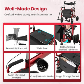 2-in-1 Folding Rollator Walker with Seat, Armrests & 9" All-Terrain Pneumatic Tires, Rolling Walker Wheelchair Combo for Seniors 300LB Capacity
