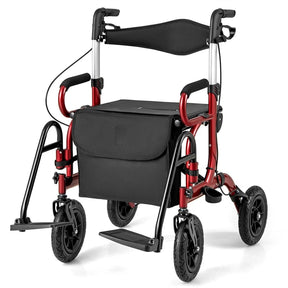 2-in-1 Folding Rollator Walker with Seat, Armrests & 9" All-Terrain Pneumatic Tires, Rolling Walker Wheelchair Combo for Seniors 300LB Capacity