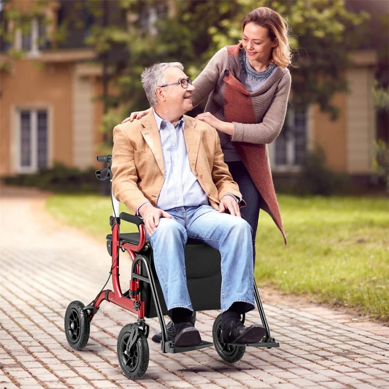 2-in-1 Folding Rollator Walker with Seat, Armrests & 9" All-Terrain Pneumatic Tires, Rolling Walker Wheelchair Combo for Seniors 300LB Capacity