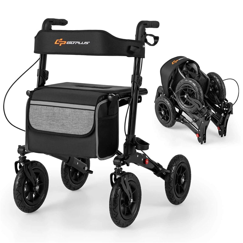2-in-1 Folding Rolling Rollator Walker with Seat, 9" All-Terrain Pneumatic Tires & Height Adjustment, Aluminum Mobility Walking Aid for Seniors