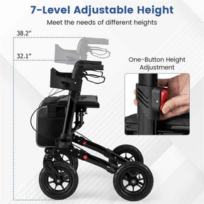 2-in-1 Folding Rolling Rollator Walker with Seat, 9" All-Terrain Pneumatic Tires & Height Adjustment, Aluminum Mobility Walking Aid for Seniors