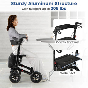 2-in-1 Folding Rolling Rollator Walker with Seat, 9" All-Terrain Pneumatic Tires & Height Adjustment, Aluminum Mobility Walking Aid for Seniors