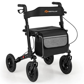 2-in-1 Folding Rolling Rollator Walker with Seat, 9" All-Terrain Pneumatic Tires & Height Adjustment, Aluminum Mobility Walking Aid for Seniors