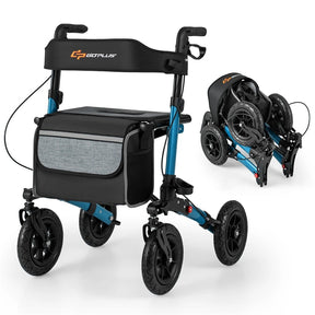 2-in-1 Folding Rolling Rollator Walker with Seat, 9" All-Terrain Pneumatic Tires & Height Adjustment, Aluminum Mobility Walking Aid for Seniors