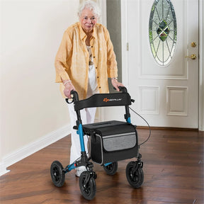 2-in-1 Folding Rolling Rollator Walker with Seat, 9" All-Terrain Pneumatic Tires & Height Adjustment, Aluminum Mobility Walking Aid for Seniors