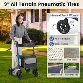 2-in-1 Folding Rolling Rollator Walker with Seat, 9" All-Terrain Pneumatic Tires & Height Adjustment, Aluminum Mobility Walking Aid for Seniors