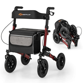 2-in-1 Folding Rolling Rollator Walker with Seat, 9" All-Terrain Pneumatic Tires & Height Adjustment, Aluminum Mobility Walking Aid for Seniors