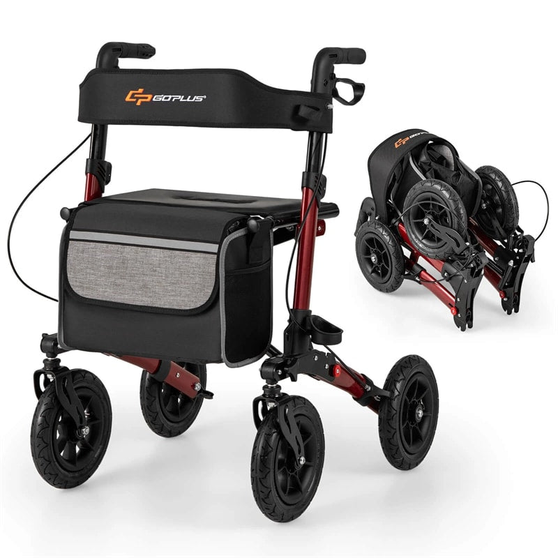 2-in-1 Folding Rolling Rollator Walker with Seat, 9" All-Terrain Pneumatic Tires & Height Adjustment, Aluminum Mobility Walking Aid for Seniors