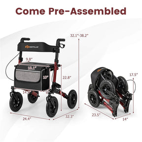 2-in-1 Folding Rolling Rollator Walker with Seat, 9" All-Terrain Pneumatic Tires & Height Adjustment, Aluminum Mobility Walking Aid for Seniors