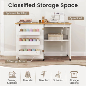 Folding Sewing Table with Charging Station, Rolling Craft Table with Storage Trays & Shelf, Foldable Sewing Machine Cabinet for Small Spaces