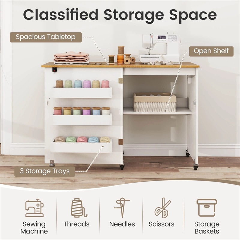 Folding Sewing Table with Charging Station, Rolling Craft Table with Storage Trays & Shelf, Foldable Sewing Machine Cabinet for Small Spaces