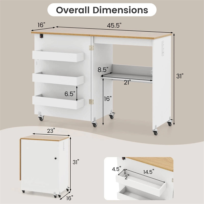 Folding Sewing Table with Charging Station, Rolling Craft Table with Storage Trays & Shelf, Foldable Sewing Machine Cabinet for Small Spaces