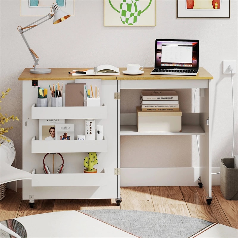 Folding Sewing Table with Charging Station, Rolling Craft Table with Storage Trays & Shelf, Foldable Sewing Machine Cabinet for Small Spaces