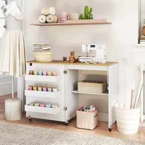 Folding Sewing Table with Charging Station, Rolling Craft Table with Storage Trays & Shelf, Foldable Sewing Machine Cabinet for Small Spaces