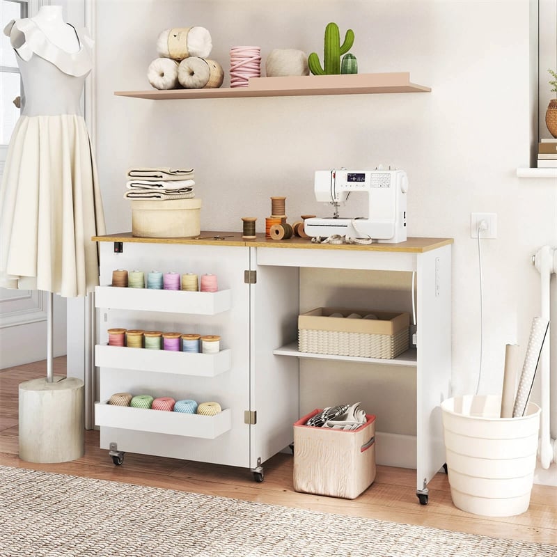 Folding Sewing Table with Charging Station, Rolling Craft Table with Storage Trays & Shelf, Foldable Sewing Machine Cabinet for Small Spaces