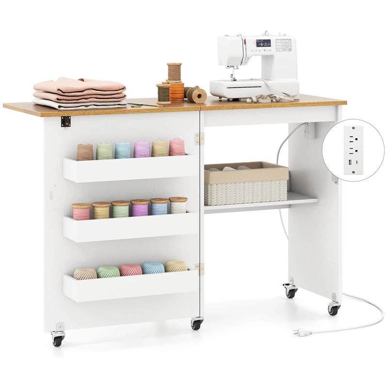 Folding Sewing Table with Charging Station, Rolling Craft Table with Storage Trays & Shelf, Foldable Sewing Machine Cabinet for Small Spaces