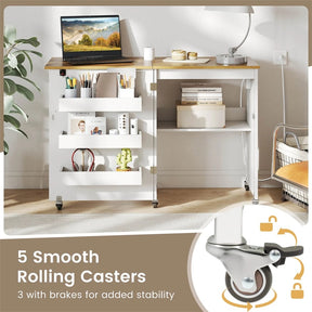 Folding Sewing Table with Charging Station, Rolling Craft Table with Storage Trays & Shelf, Foldable Sewing Machine Cabinet for Small Spaces