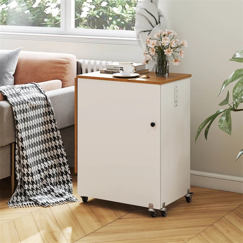 Folding Sewing Table with Charging Station, Rolling Craft Table with Storage Trays & Shelf, Foldable Sewing Machine Cabinet for Small Spaces