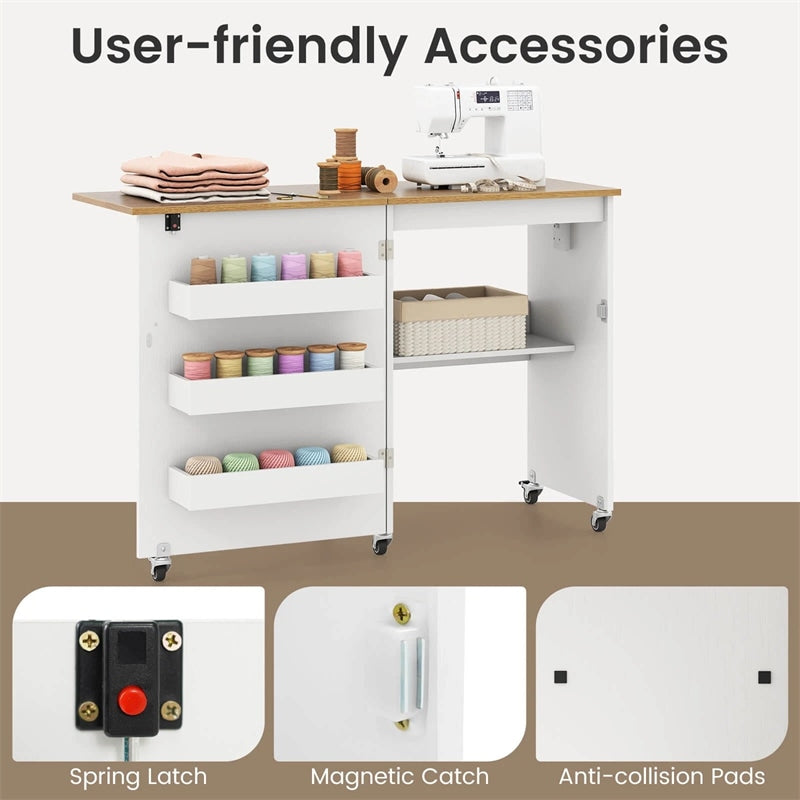 Folding Sewing Table with Charging Station, Rolling Craft Table with Storage Trays & Shelf, Foldable Sewing Machine Cabinet for Small Spaces