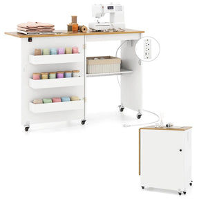 Folding Sewing Table with Charging Station, Rolling Craft Table with Storage Trays & Shelf, Foldable Sewing Machine Cabinet for Small Spaces